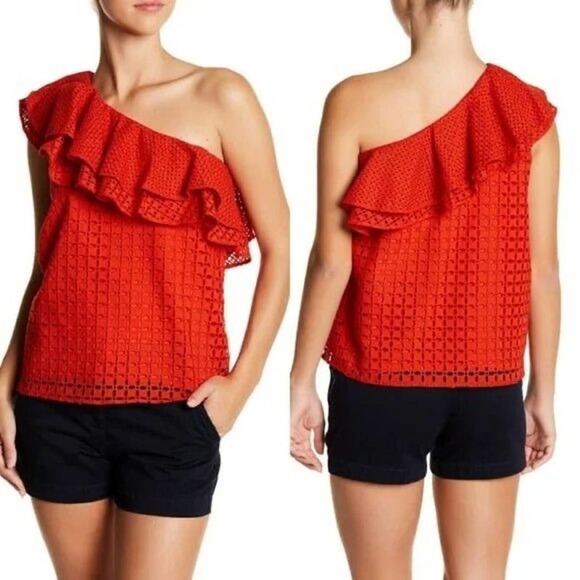 J. Crew Eyelet One Shoulder Ruffle Lined Top Blouse Women's Bright Orange 00 - Picture 1 of 12